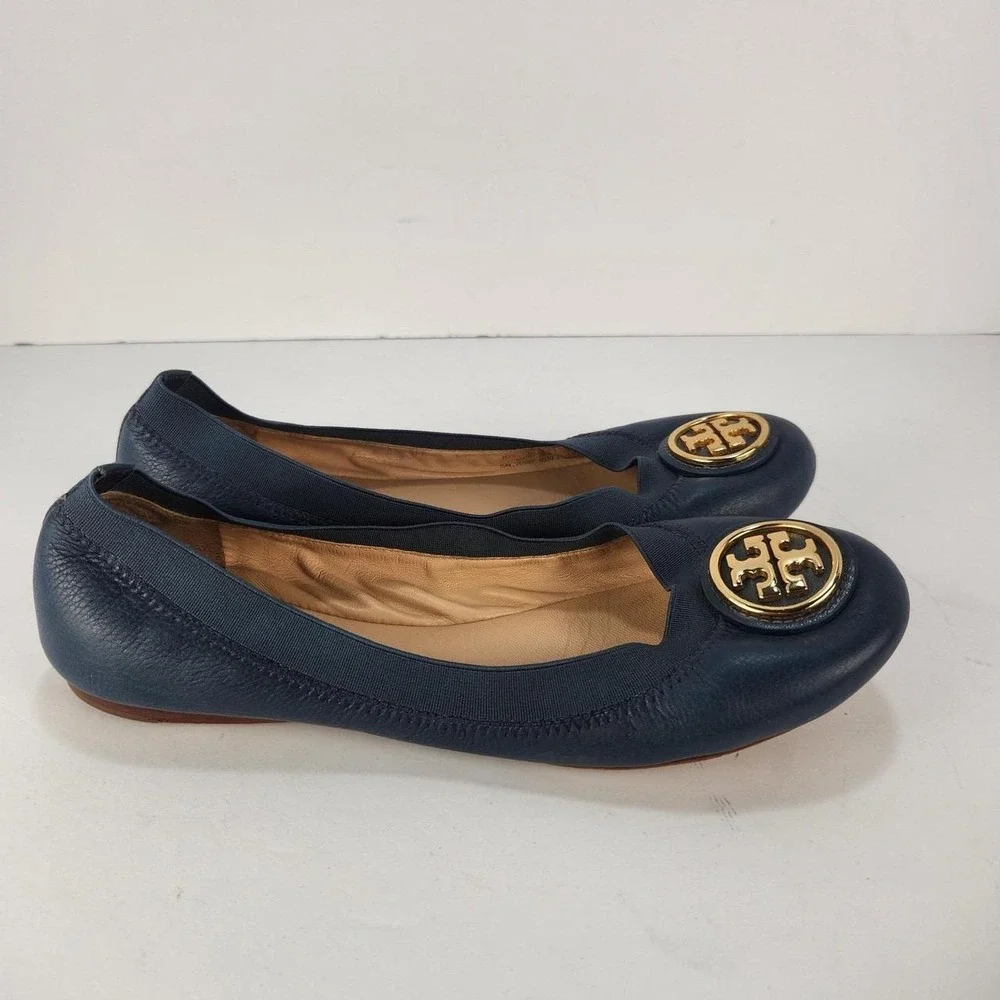 Tory Burch Reva Ballet Flats Women's 6 M Navy Blue Leather Gold Logo Shoes